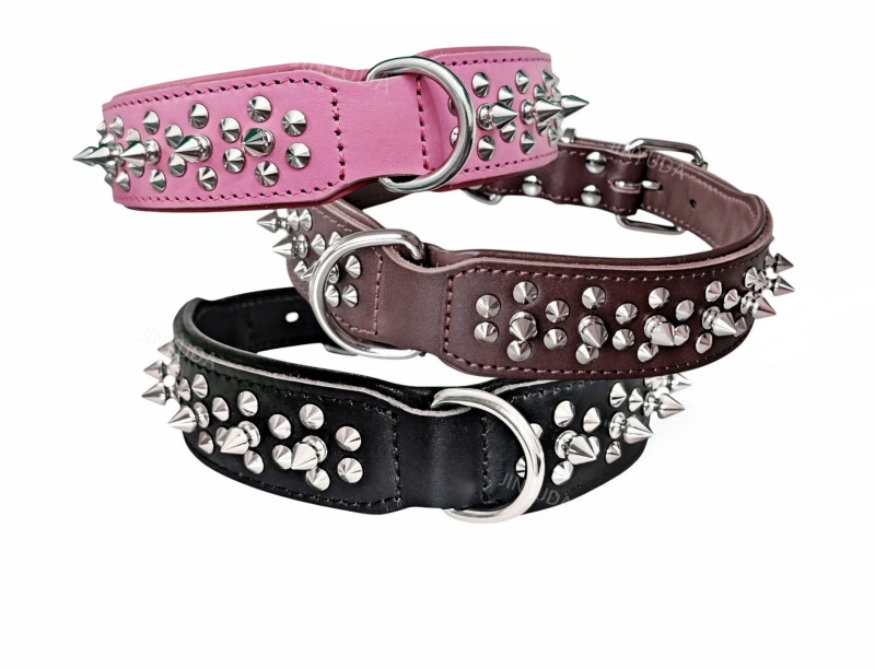 Genuine Leather Studded Dog Collar Anti-Bite Spike Punk Style  Top Grain Leather Pit Bulldog Durable Super Strong