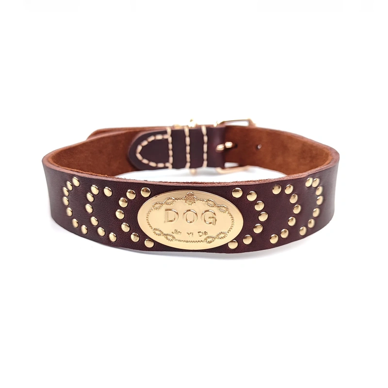 Double-layer genuine leather dog collar Large dog rivet style custom engraved plate First layer of cowhide thickened