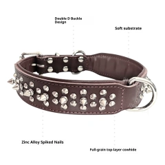 Genuine Leather Studded Dog Collar Anti-Bite Spike Punk Style  Top Grain Leather Pit Bulldog Durable Super Strong