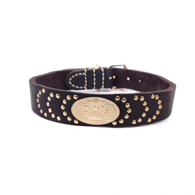 Double-layer genuine leather dog collar Large dog rivet style custom engraved plate First layer of cowhide thickened