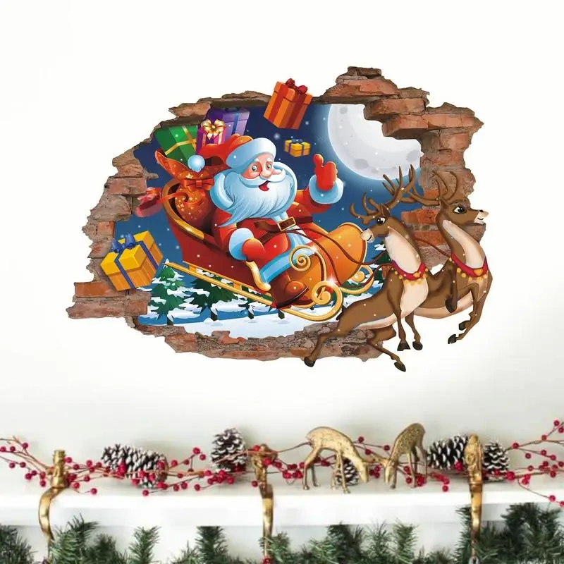 Christmas Decals Removable 3D Wall Art Break Through The Wall Funny Wall Decor Self Adhesive Christmas Decorations For Bedroom