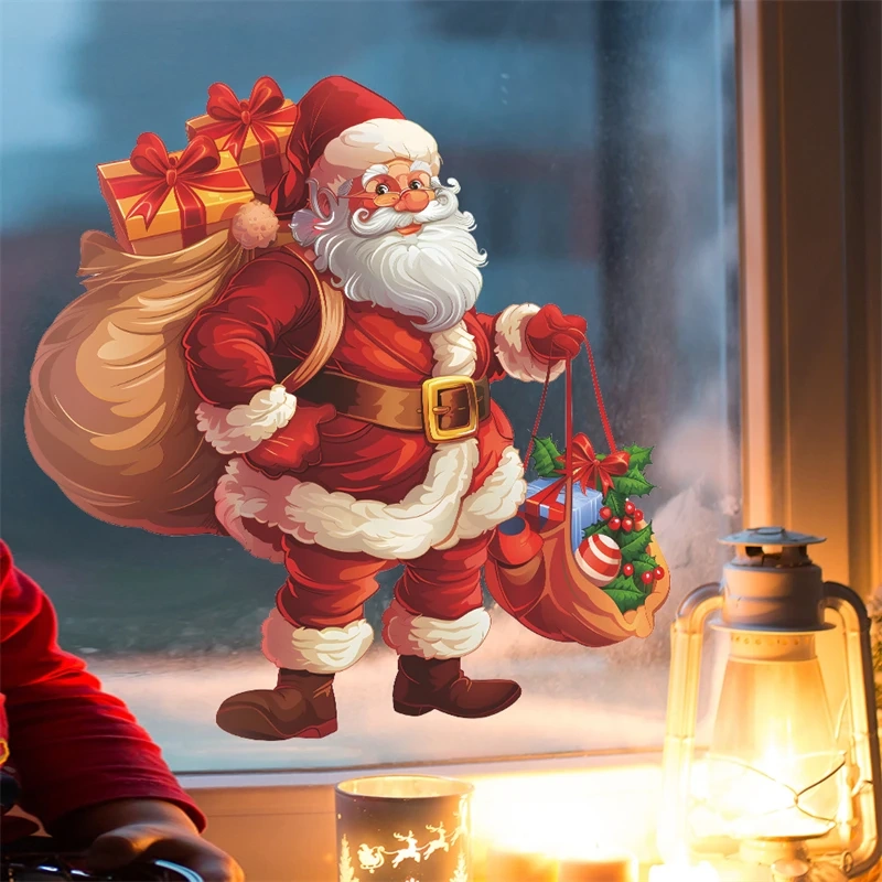 Christmas Decorations Cartoon Santa Claus Gift Glass Window Sticker Reusable Static Stickers Merry Christmas New Year Decor Noel