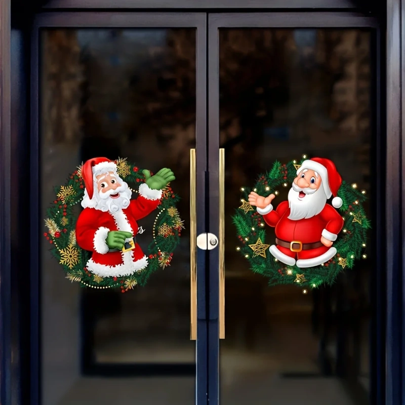 2pcs Santa Claus Glass Window Stickers PVC Christmas Static Cling Sticker 30x30cm Wall Decals For Home Windows Party Xmas Decor