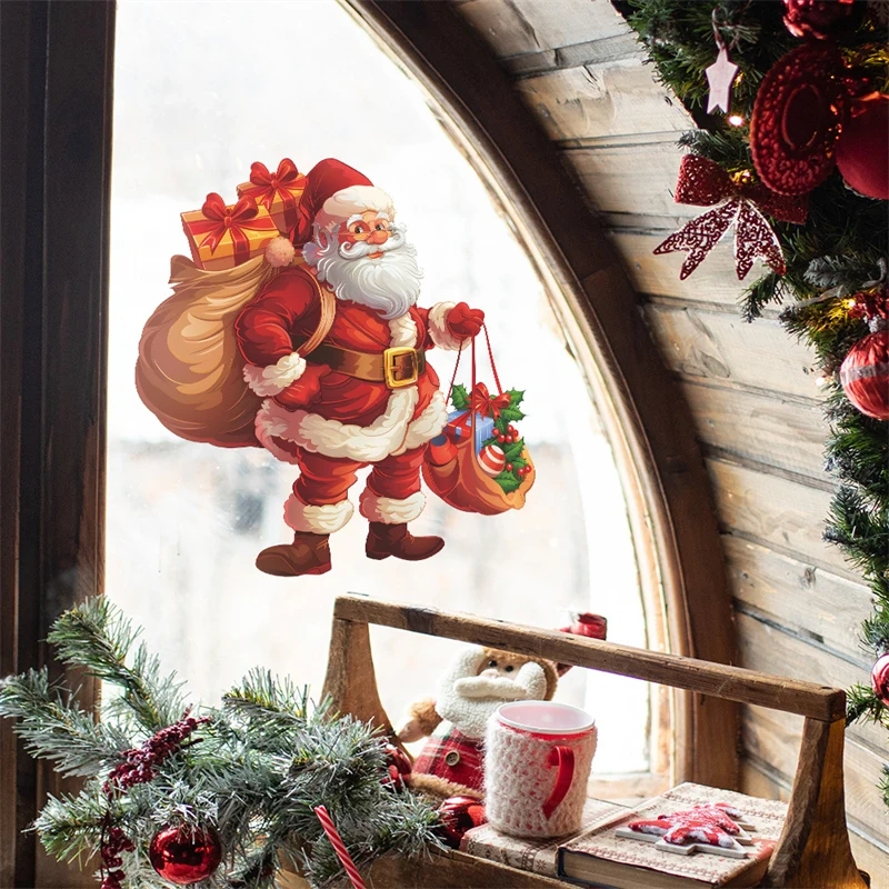 Christmas Decorations Cartoon Santa Claus Gift Glass Window Sticker Reusable Static Stickers Merry Christmas New Year Decor Noel