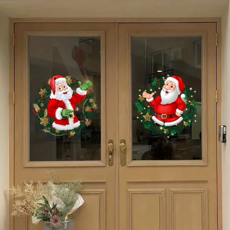 2pcs Santa Claus Glass Window Stickers PVC Christmas Static Cling Sticker 30x30cm Wall Decals For Home Windows Party Xmas Decor