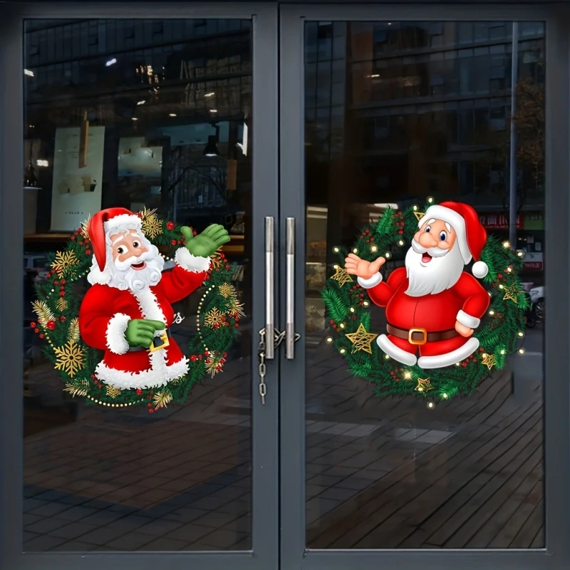 2pcs Santa Claus Glass Window Stickers PVC Christmas Static Cling Sticker 30x30cm Wall Decals For Home Windows Party Xmas Decor