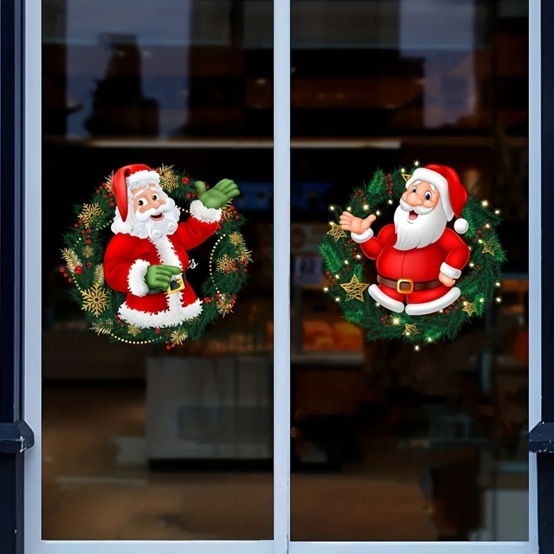 2pcs Santa Claus Glass Window Stickers PVC Christmas Static Cling Sticker 30x30cm Wall Decals For Home Windows Party Xmas Decor