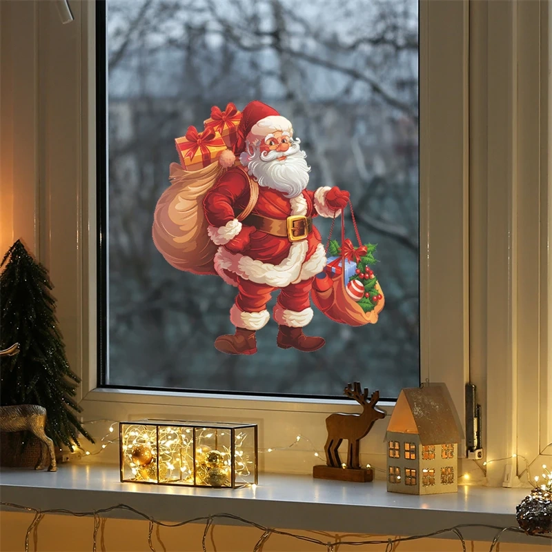 Christmas Decorations Cartoon Santa Claus Gift Glass Window Sticker Reusable Static Stickers Merry Christmas New Year Decor Noel