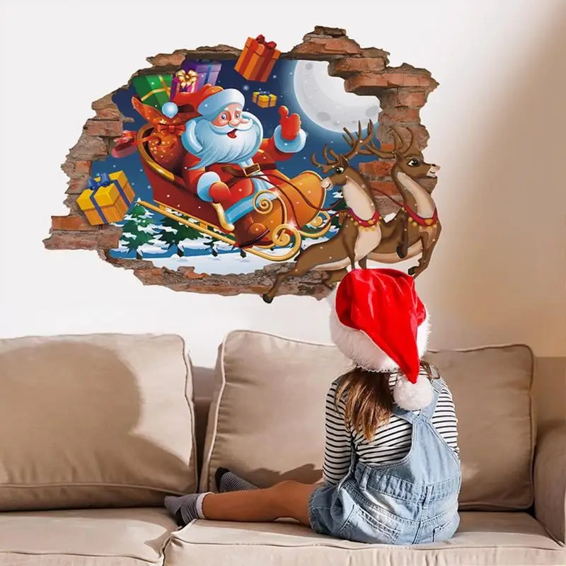 Christmas Decals Removable 3D Wall Art Break Through The Wall Funny Wall Decor Self Adhesive Christmas Decorations For Bedroom