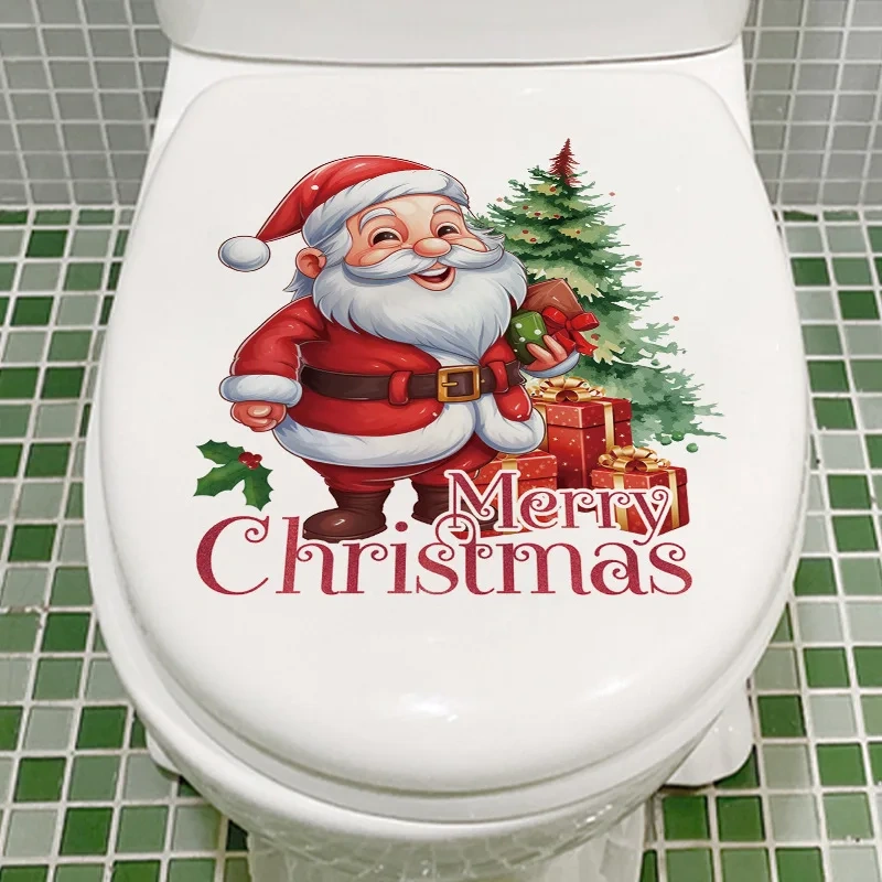 Santa Claus Christmas Toilet Lid Decal Bathroom Decor Sticker Easy Stick-On Reusable & Removable Wall Art for Christmas Gift