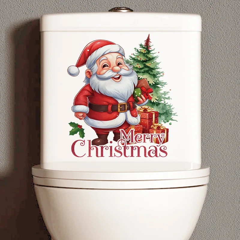 Santa Claus Christmas Toilet Lid Decal Bathroom Decor Sticker Easy Stick-On Reusable & Removable Wall Art for Christmas Gift