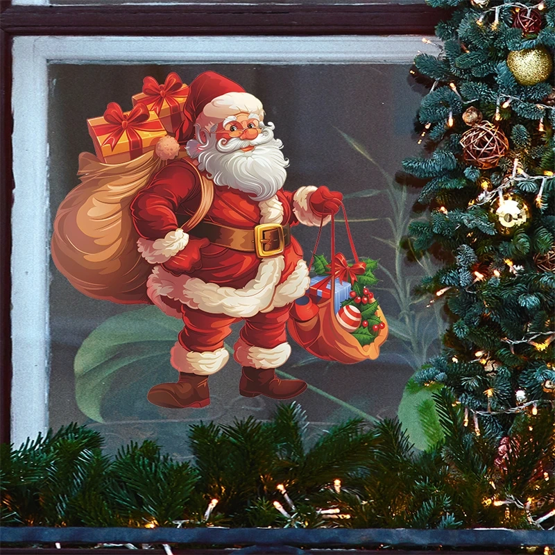 Christmas Decorations Cartoon Santa Claus Gift Glass Window Sticker Reusable Static Stickers Merry Christmas New Year Decor Noel
