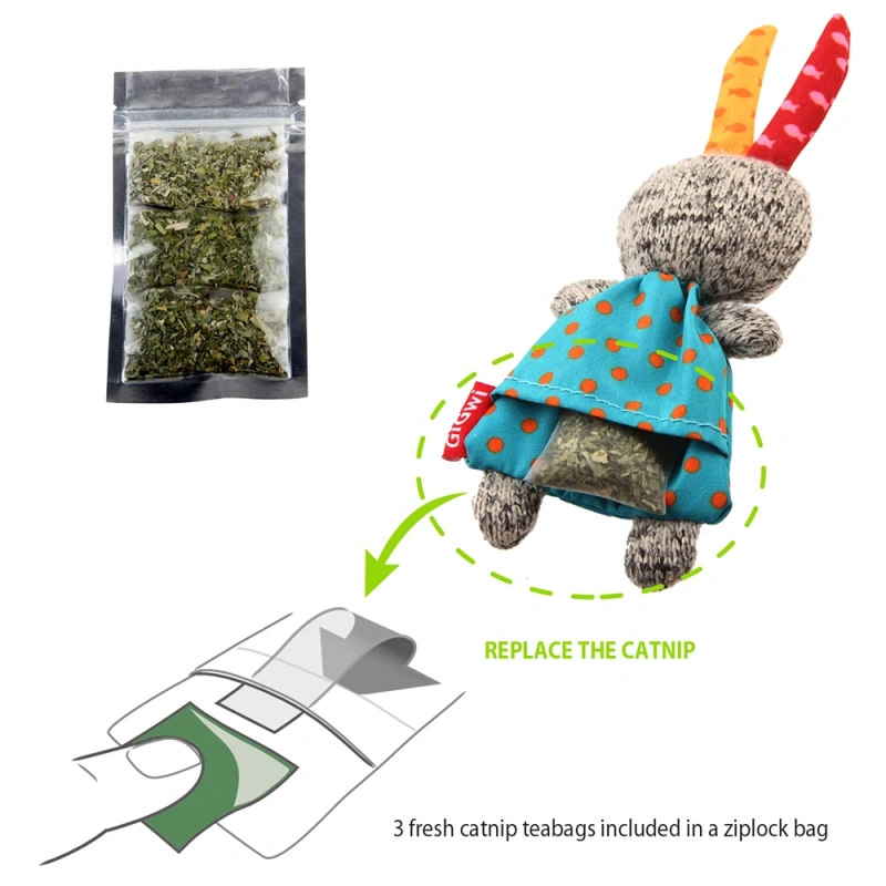 GiGwi Catnip Refilling Cat Toys Interactive Chewing Toy Cute Design Small Soft Fabric Washable Plush Toy with 3 Packs of Catnip