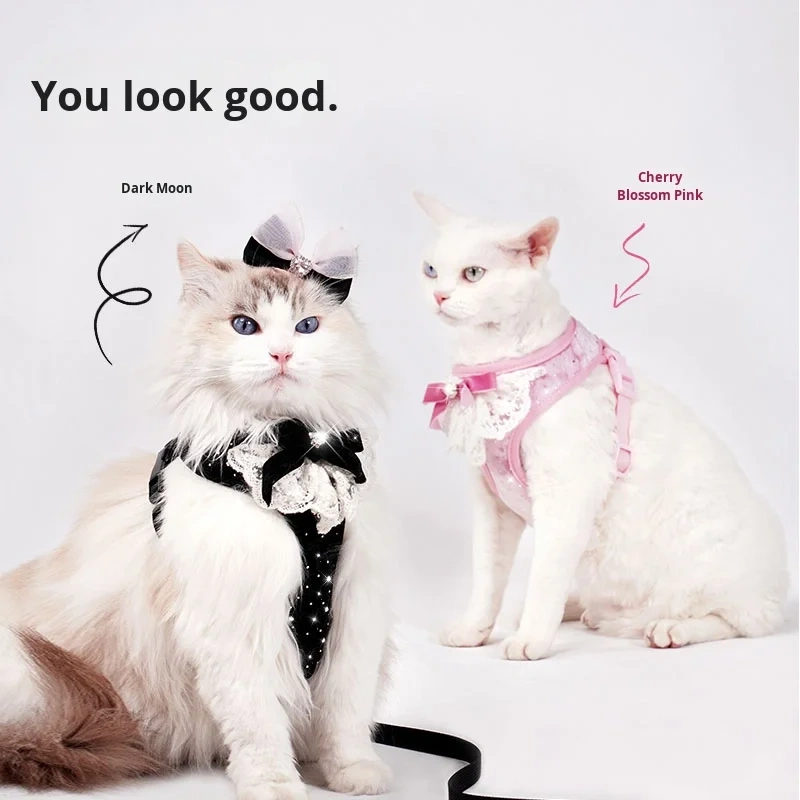 Fashionable Diamond Cat Harness Leash Polyester Vest-Style with Button Anti-Escape No-Choking Feature for Outdoor Cat Walking