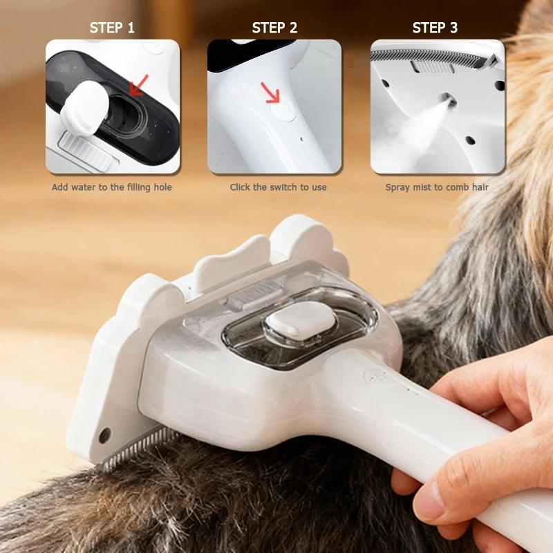 Stainless Steel Pet Steam Comb Built in Battery Hair Removal & Beauty Spray Brush for cat and dog Pet Grooming Tool Anti-static