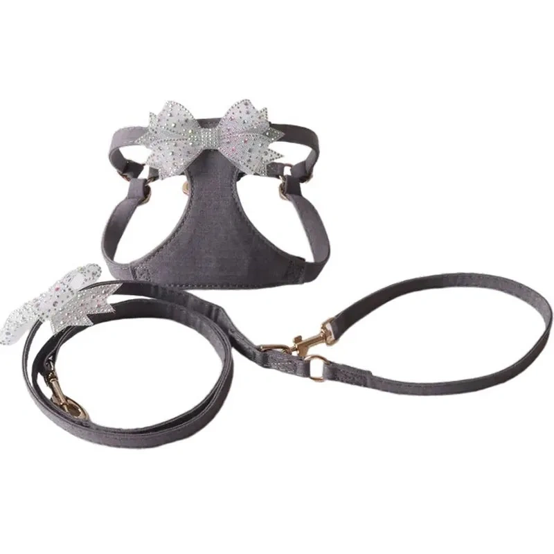 New Crystal Bow Dog Harness Set for Small and Medium Dogs Teddy Bichon Vest Double-Headed Leash Pet Supplies Puppy Accessories