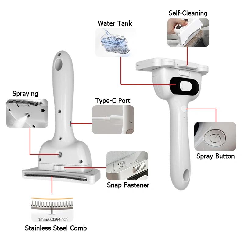 Stainless Steel Pet Steam Comb Built in Battery Hair Removal & Beauty Spray Brush for cat and dog Pet Grooming Tool Anti-static