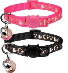 Nylon Cat Collars with Bell Breakaway Gold Moons and Stars Adjustable Safety Kitten Collars