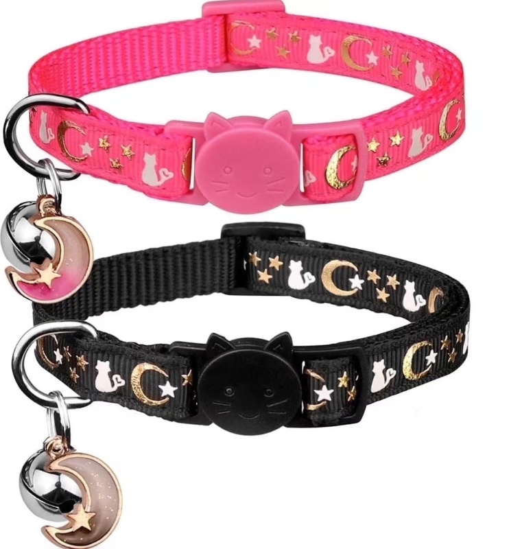 Nylon Cat Collars with Bell Breakaway Gold Moons and Stars Adjustable Safety Kitten Collars