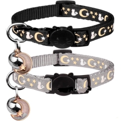 Nylon Cat Collars with Bell Breakaway Gold Moons and Stars Adjustable Safety Kitten Collars