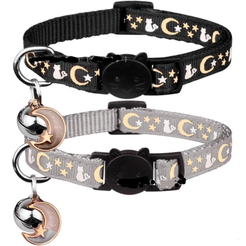 Nylon Cat Collars with Bell Breakaway Gold Moons and Stars Adjustable Safety Kitten Collars