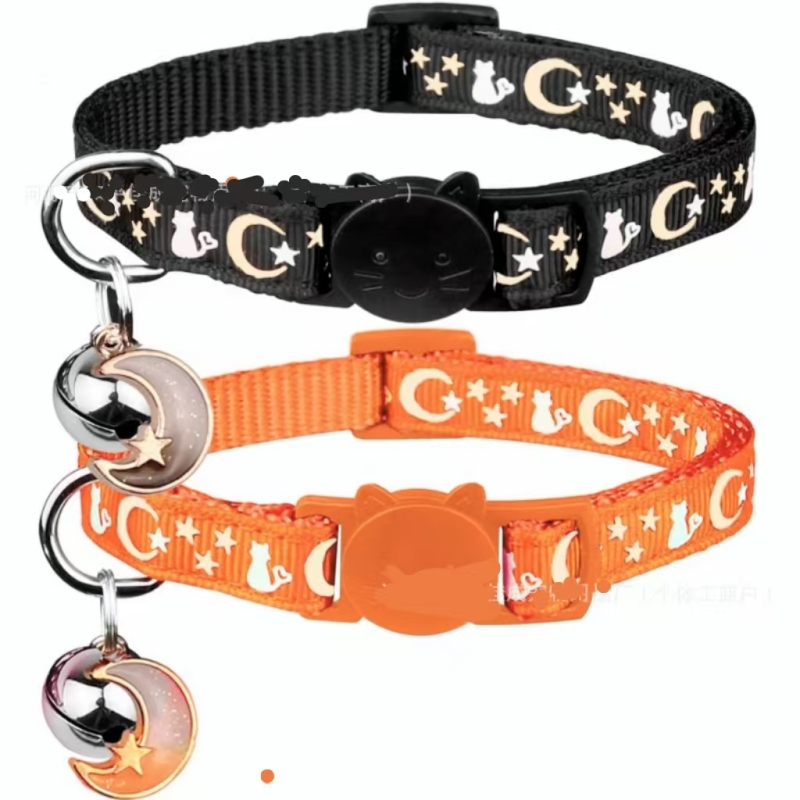 Nylon Cat Collars with Bell Breakaway Gold Moons and Stars Adjustable Safety Kitten Collars