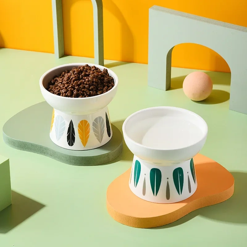 Cat Nordic Style Food Water Bowl Pet Animal Ceramic Eating Dishes High Foot Raised Puppy Cats Printing Bowls Elevated Dog Bowls
