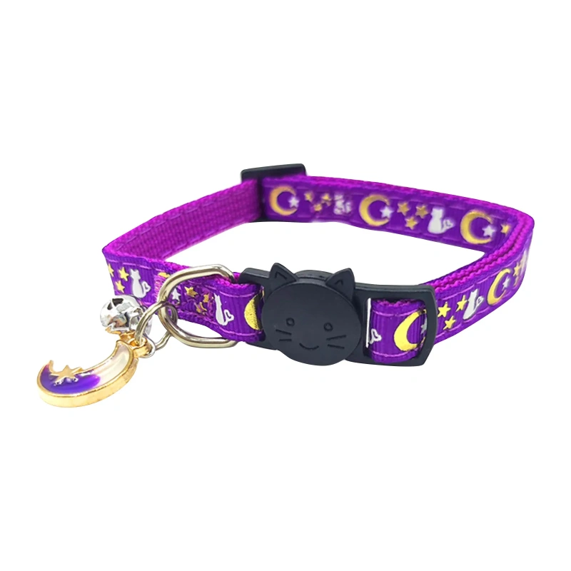 Cute Neck Pet Collar with Bell Pet Cat Accessories Adjustable Moon Star Patterns Breakaway Cat Necklace Collar with Pendant