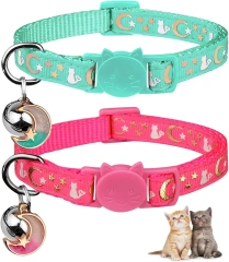 Nylon Cat Collars with Bell Breakaway Gold Moons and Stars Adjustable Safety Kitten Collars