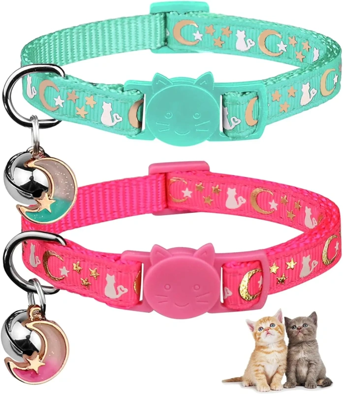 Nylon Cat Collars with Bell Breakaway Gold Moons and Stars Adjustable Safety Kitten Collars