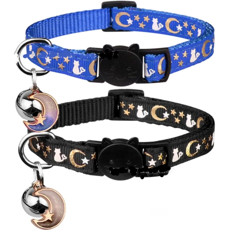 2PCS-Nylon Cat Collars with Bell Breakaway Gold Moons and Stars Adjustable Safety Kitten Collars