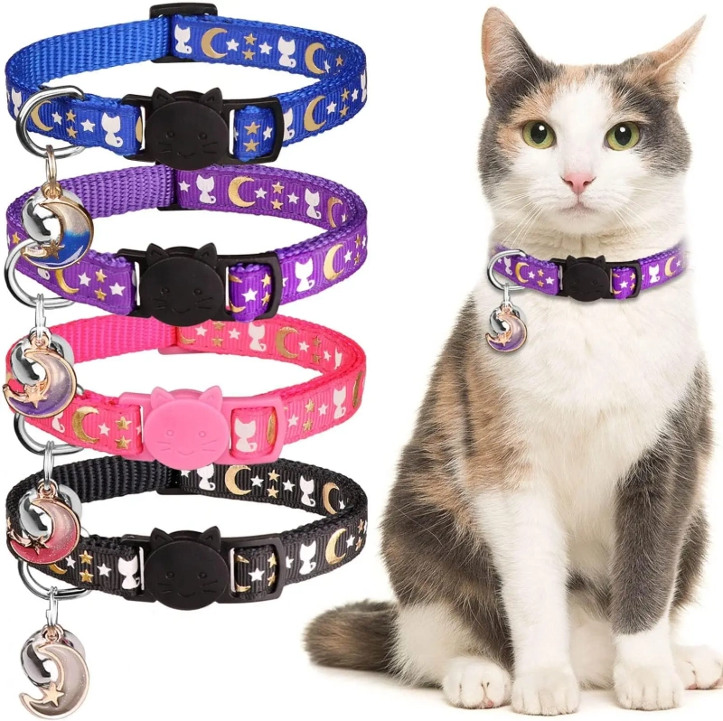 Nylon Cat Collars with Bell Breakaway Gold Moons and Stars Adjustable Safety Kitten Collars