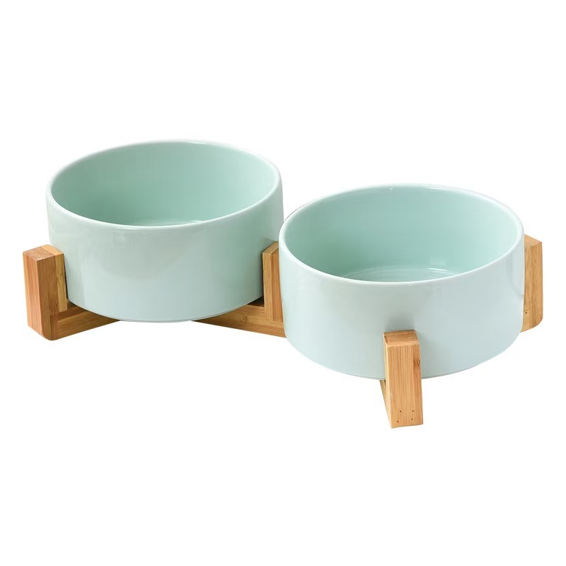 Pet Cat Dog Ceramic Food Bowl With Raised Wooden Frame Multiple Colors Pet Feeder Ceramic Bowl