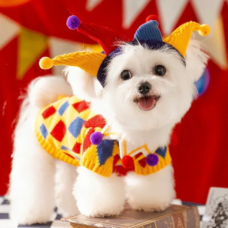 Pet Clown Sweater Dog Cute Halloween Dress Rose Plaid Embroidered Dog Clothes Pet Warm Knit Pullover Dog Products