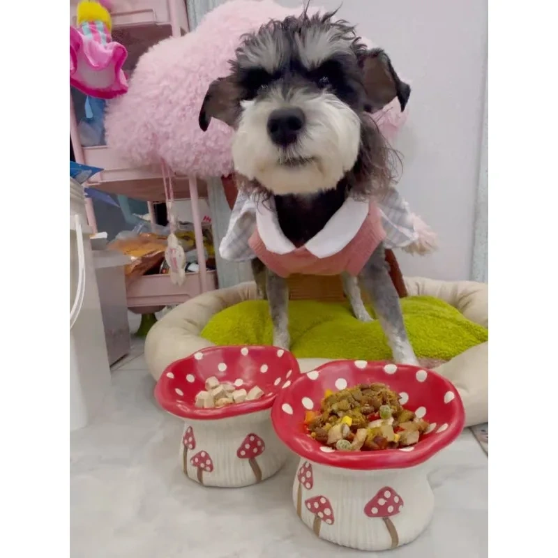 Cute Mushroom Ceramic Elevated Slow Feed Bowl for Small Dogs Cats Raised Anti Gulp Dish Pet Food Water