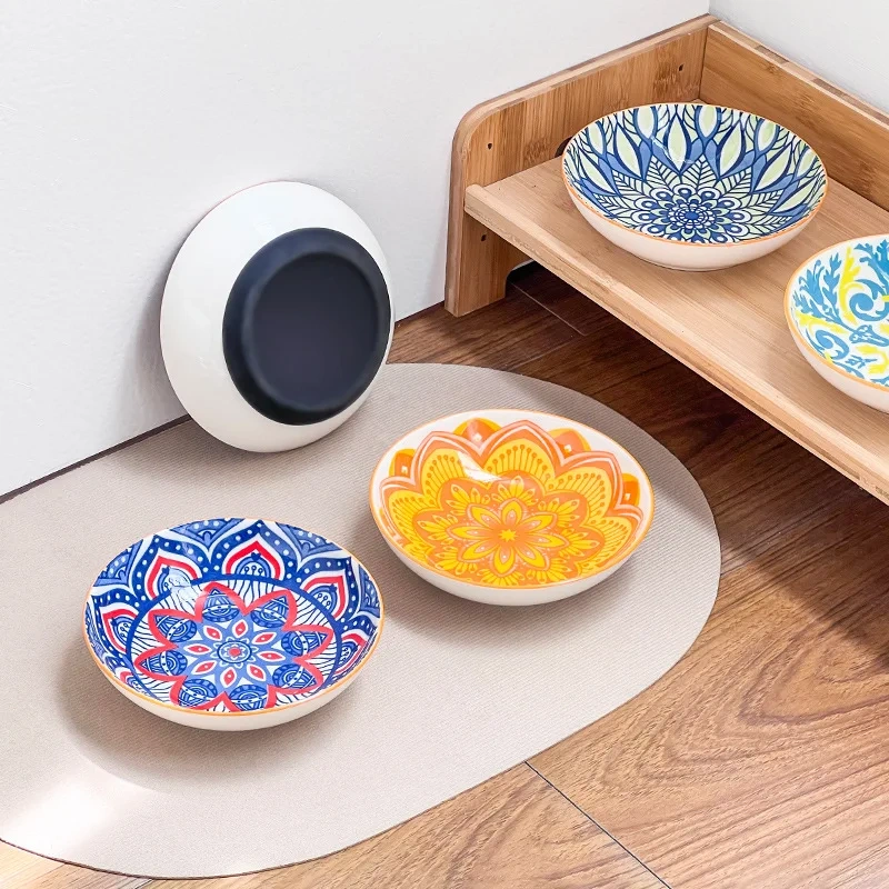 2025 Wholesale Bohemian Style Ceramic Pet Cat Bowl Wide Mouth Neck Cat Dog Water Bowl Ceramic Food Water Plate with Silicone