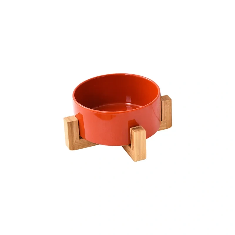 Wholesale Pet Cat Dog Ceramic Food Bowl With Raised Wooden Frame Multiple Colors Pet Feeder Ceramic Bowl