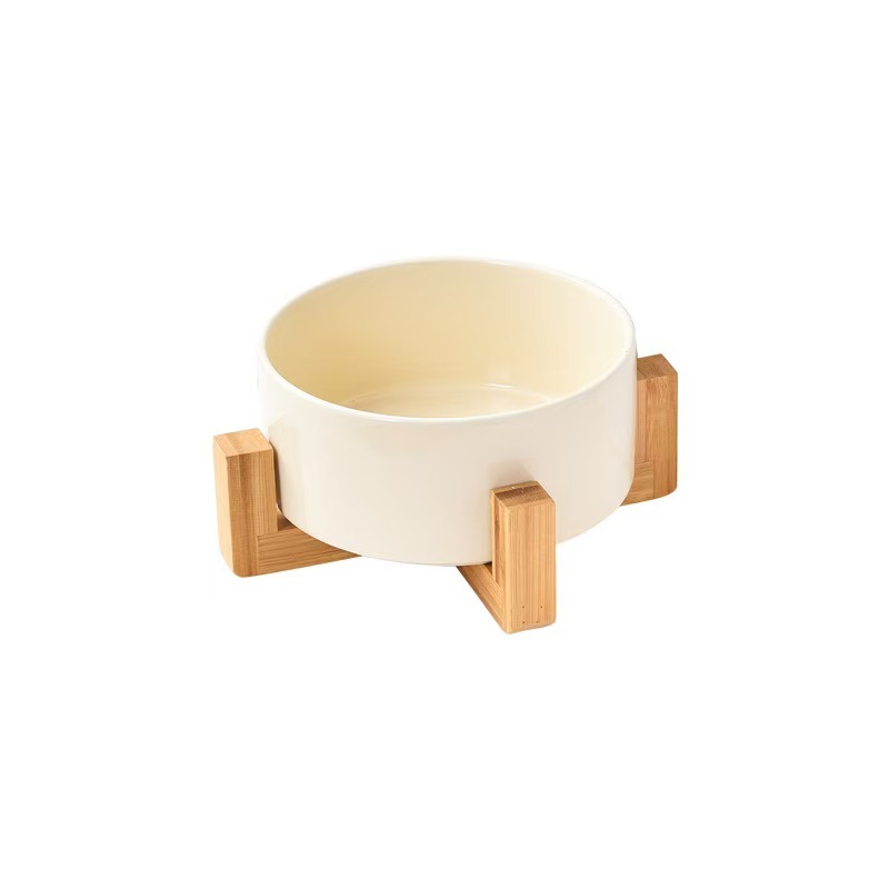 Pet Cat Dog Ceramic Food Bowl With Raised Wooden Frame Multiple Colors Pet Feeder Ceramic Bowl