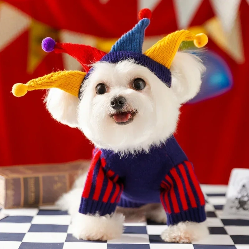Pet Clown Sweater Dog Cute Halloween Dress Rose Plaid Embroidered Dog Clothes Pet Warm Knit Pullover Dog Products