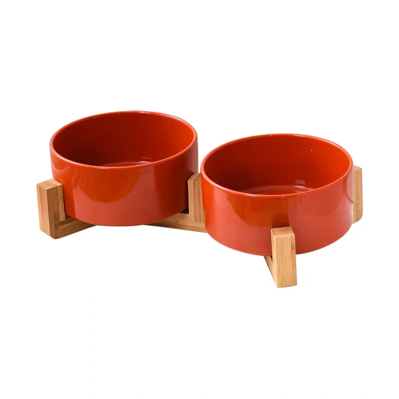 Wholesale Pet Cat Dog Ceramic Food Bowl With Raised Wooden Frame Multiple Colors Pet Feeder Ceramic Bowl