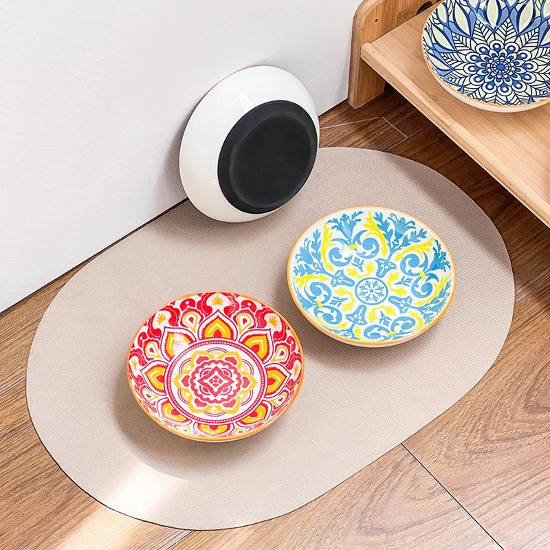 2025 Wholesale Bohemian Style Ceramic Pet Cat Bowl Wide Mouth Neck Cat Dog Water Bowl Ceramic Food Water Plate with Silicone