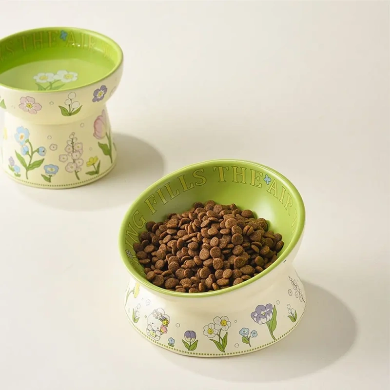 Creative Green Ceramic Cat Bowl Rabbit Flower High Foot Diagonal Pet Feeding Bowl Non-Slip Water Bowl For Drinking Feeding