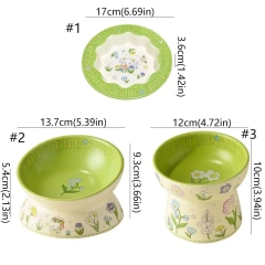 Creative Green Ceramic Cat Bowl Rabbit Flower High Foot Diagonal Pet Feeding Bowl Non-Slip Water Bowl For Drinking Feeding