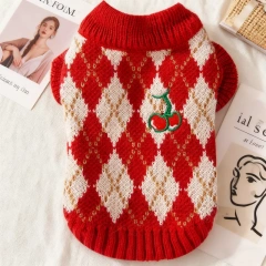 Winter Dog Knit Sweater Soft Dog Clothes Cute Plaid Puppy Sweater Cherry Print Cat Pullovers Pet Warm Turtleneck Poodle Apparel