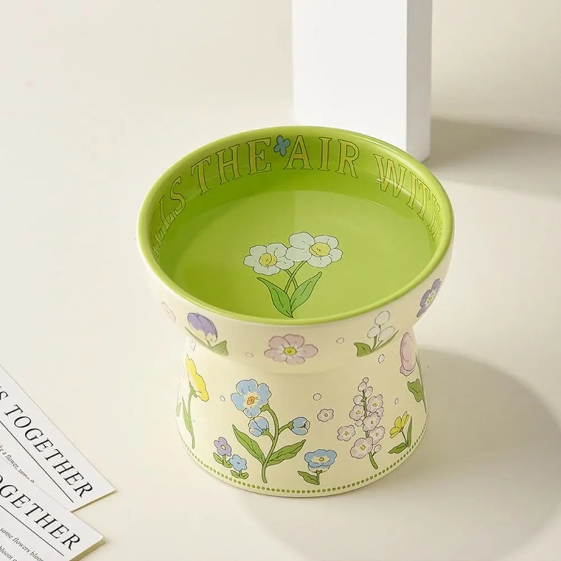 Creative Green Ceramic Cat Bowl Rabbit Flower High Foot Diagonal Pet Feeding Bowl Non-Slip Water Bowl For Drinking Feeding