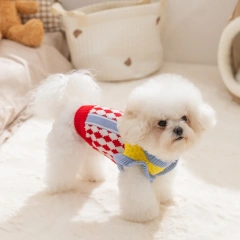 Red Diamond Check Dog Sweater for Small Breeds Winter Pineapple Knit Top in Contrasting Colours Warm Pullover Pet Sweater