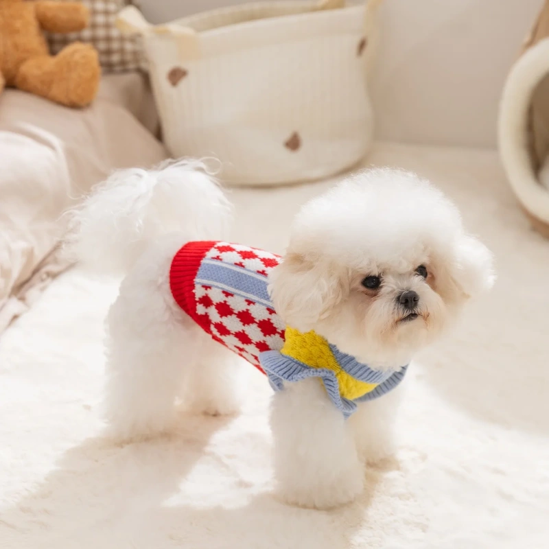 Red Diamond Check Dog Sweater for Small Breeds Winter Pineapple Knit Top in Contrasting Colours Warm Pullover Pet Sweater