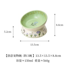 Creative Green Ceramic Cat Bowl Rabbit Flower High Foot Diagonal