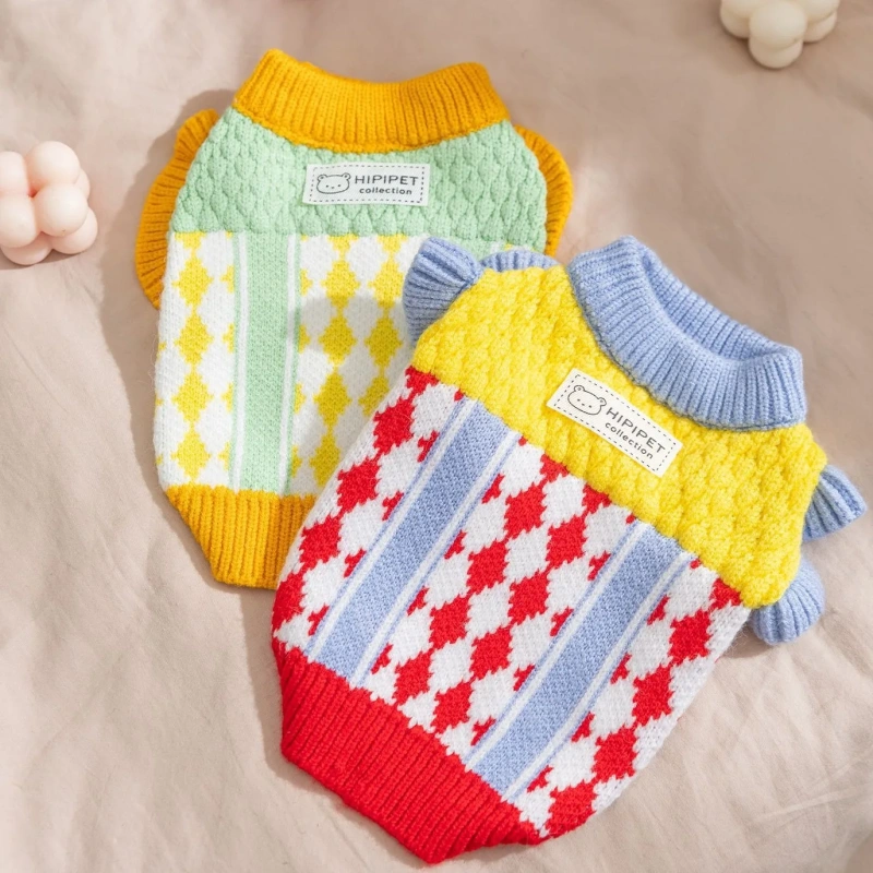 Red Diamond Check Dog Sweater for Small Breeds Winter Pineapple Knit Top in Contrasting Colours Warm Pullover Pet Sweater