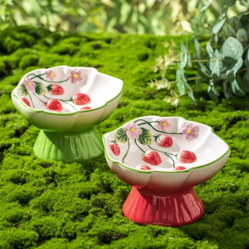 Elevated Ceramic Cat Slow Feeder Bowl with Strawberry Design – Raised Pet Food and Water Dish for Cats and Small Dogs